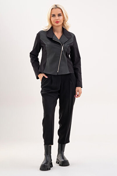 Bold & Young Black Leather Detailed Zippered Women's Jacket