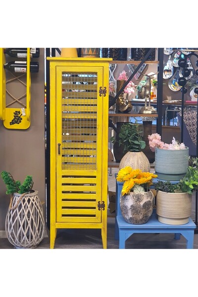 Le Atölye Ahşap Izgaralı Nostaljik Tel Dolap Büyük Boy Sarı Eskitme