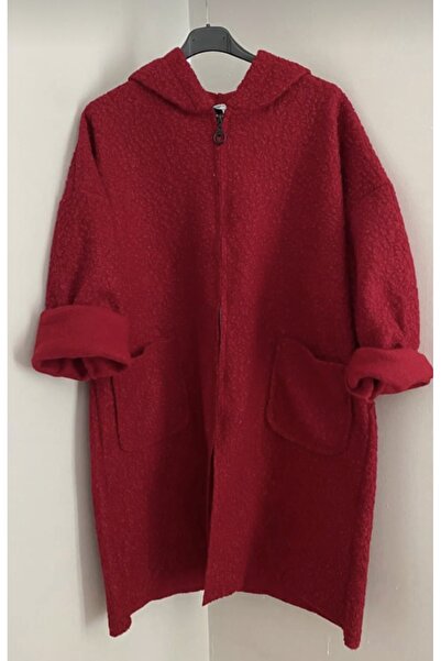 MODA İtalyan Bordo kapşonlu oversize buklet ceket