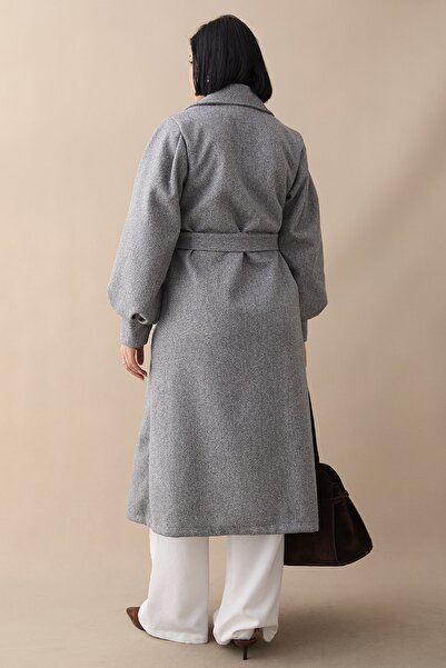 InStyle Double-Breasted Balloon Sleeve Belted Unlined Off-White Light Gray Cashmere Coat