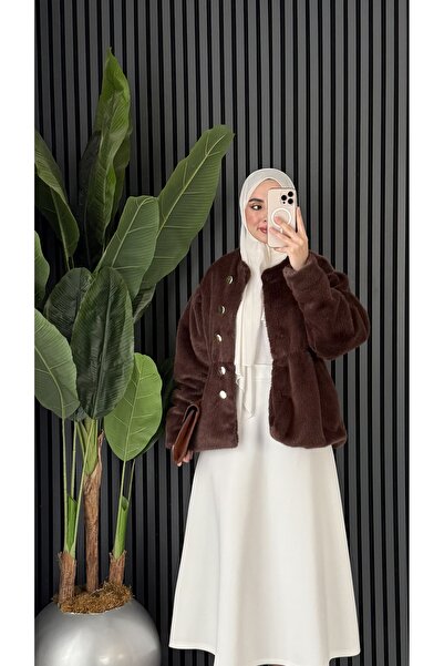 Molly Nelly Kadın Tüylü Gold Düğmeli Şık Mont