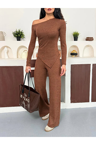 asfamoda Γυναικείο καφέ μπλουζάκι με λαιμόκοψη και ασύμμετρο κόψιμο καμπάνα Π...