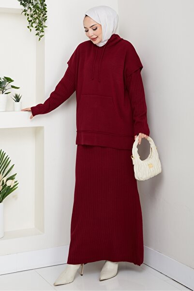 Bestenur Hooded Tunic Dress Knitwear Set 1645 - Claret Red