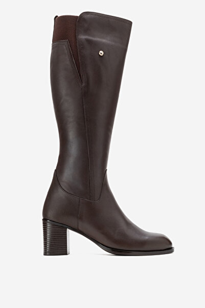 Dericlub Women's Stretch Elastic Blunt Toe Heeled Boots Real Leather Br 88068 Brown