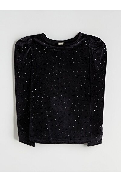 LC Waikiki Lcw Kids Black Crew Neck Rhinestone Velvet Girls' T-Shirt