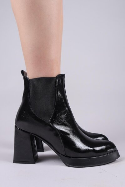 Birikon SARANDI Lastik Detaylı Rugan Platform Topuklu Bot SİYAH