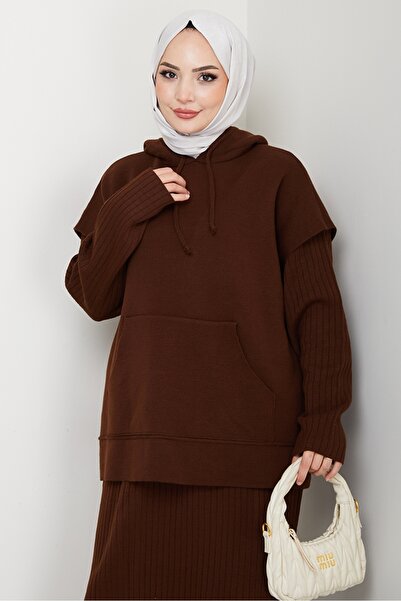 Bestenur Hooded Tunic Dress Knitwear Set 1645 - Brown