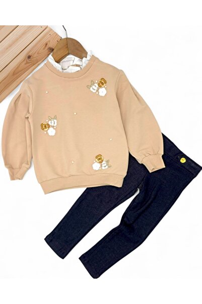 VOY KİDS Girl's Floral Embroidered Collar Detail, Leggings Included, Ages 2-10, Stylish Top and Bottom Set