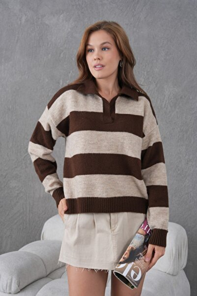 Miss Allos Pulover de damă cu guler cămașă cu dungi