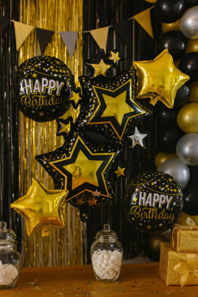 zola Σετ 5 μπαλόνια γενεθλίων, Zola, με μοτίβο αστεριών, διαφορετικά μεγέθη, μαύρο/χρυσό