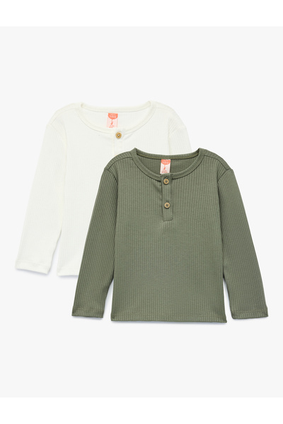 Koton Buttoned Long Sleeve Crew Neck Basic T-Shirt Set of 2