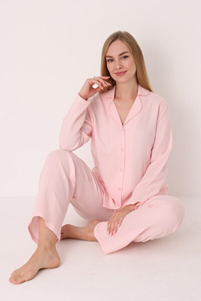 NBB 100% cotton, muslin woven, buttoned front, shirt collar women's pajama set