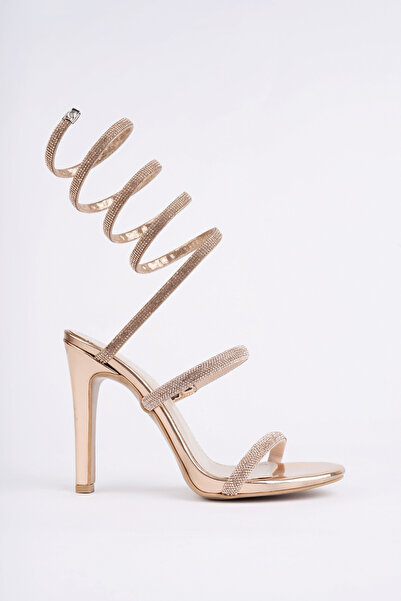 Women Lay-z Women's Evening Dress Heeled Sandals Stone Detailed Ankle-Wrap Shiny Thin Heel 11 cm Elegant Stylish Design