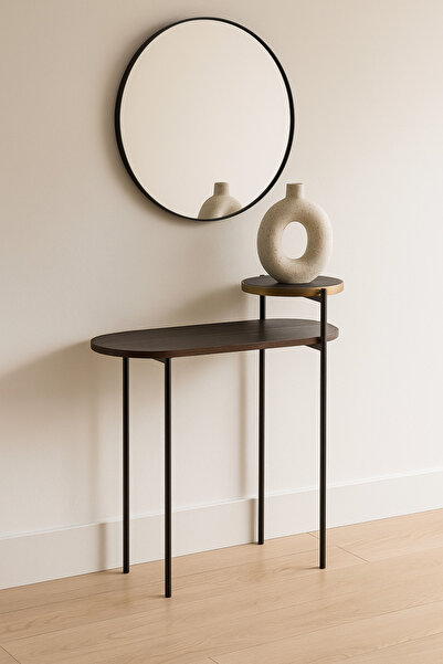 MARIA HOMES طاولة جانبية من خشب الجوز مع لمسة نحاسية - طاولة كونسول أو طاولة جانبية فاخرة حديثة بلمسة نهائية من خشب الجوز الداكن