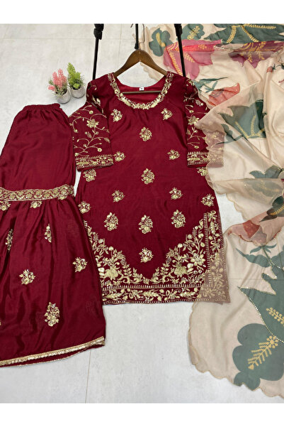 MYSMAR المارون شينون الحرير سراويل و قمصان هندية - HRT3040 | كستنائي