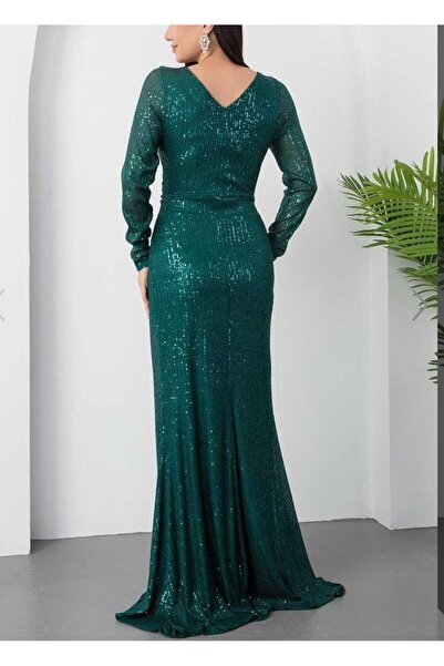 CİXAPLE Slit Long Sleeve Pulpayet Evening Dress