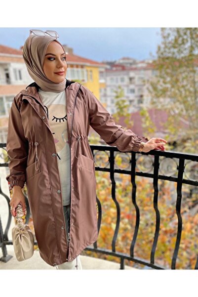 Mikxim Women's Waist Elastic Detailed Hidden Zipper Hooded Trench Coat