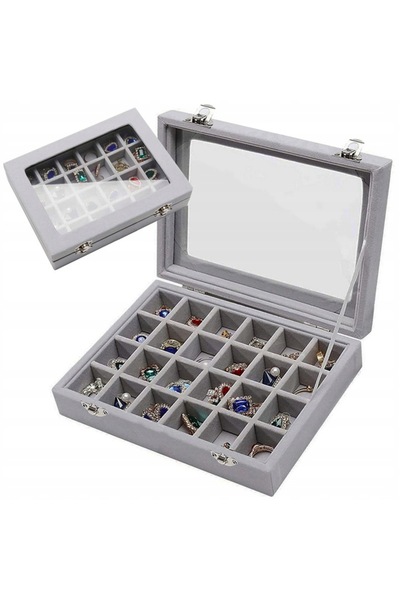 zola Jewellery organiser box, rectangular, with 24 compartments, 20x15x5.2 cm, grey