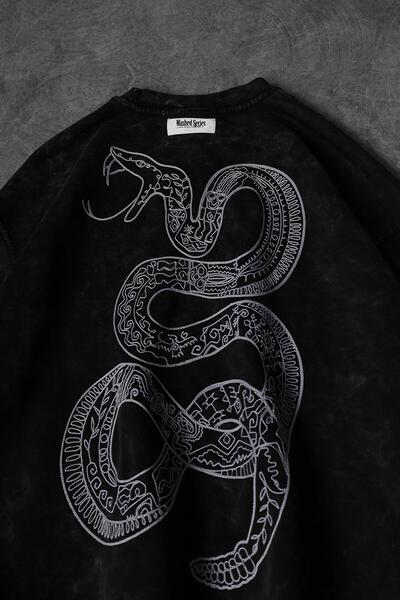 Slatra Erkek Antrasit Snake Nakışlı Özel Yıkamalı Oversize Sweatshirt