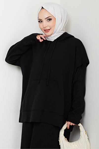 Bestenur Hooded Tunic Dress Knitwear Set 1645 - Black