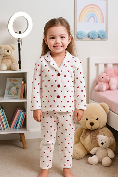 mj kids Kalp Baskılı Kız çocuk Pijama Takımı