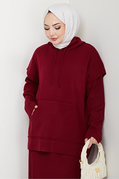 Bestenur Hooded Tunic Dress Knitwear Set 1645 - Claret Red