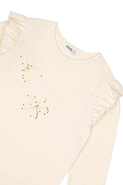 Miny Center Girl's Floral Embroidered Shoulder Ruffle Long Sleeve Tshirt Mnt25K215
