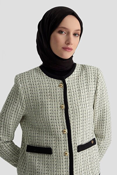 Armine TREND Tweed Double Suit with Gold Button Detail and Pleated Skirt 25Kt630 Ecru