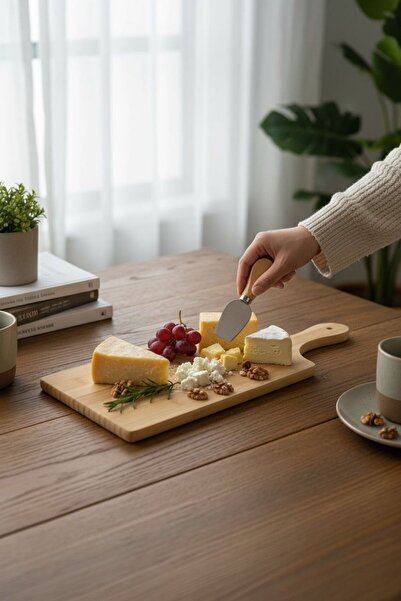 ANJEAHOME لوح تقديم وتقطيع الجبن من الخيزران من بريانكو |   لوح تقديم مع مجموعة سكاكين وشوك من الفولاذ بمقابض من الخيزران