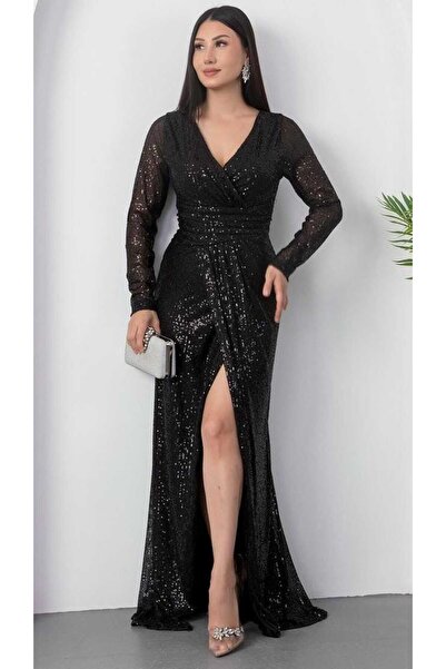 CİXAPLE Slit Long Sleeve Pulpayet Evening Dress