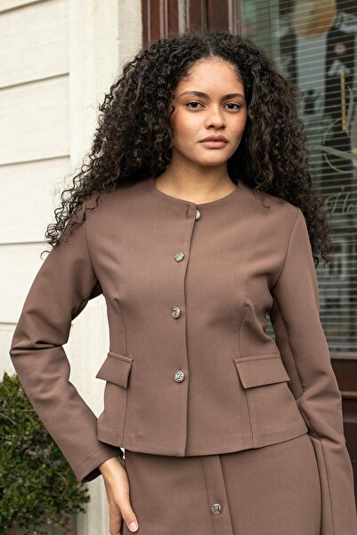 Jument Women's Lightweight Stretchy Fabric Wide Crew Neck Pocket Flap Long Sleeve Slim Fit Lightweight Short Blazer Jacket-Milk