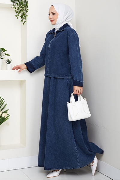 Bestenur Φούστα με φερμουάρ Τουνίκ Τζιν Διπλό Σετ 1643 - Μπλε