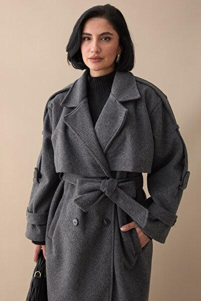 InStyle Apoletli Kuşaklı Oversize Koyu Gri Kaşe Kaban