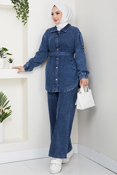 Bestenur Jacket Pants Jeans Two-Piece Set 1637 - Blue