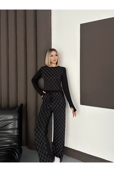 MODAMERSİ Women's Black Stone Printed Diamond Patterned Modal Set