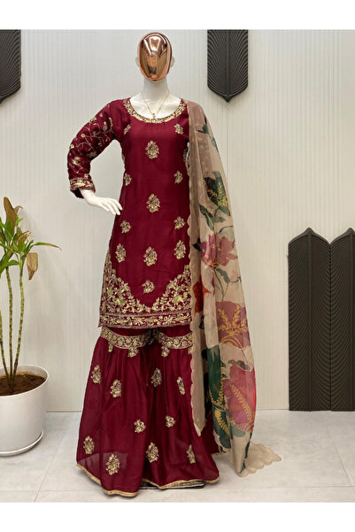 MYSMAR المارون شينون الحرير سراويل و قمصان هندية - HRT3040 | كستنائي