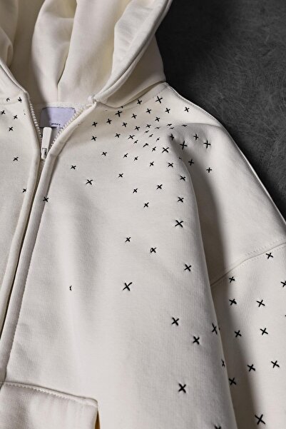 Slatra Men's Beige Embroidery Detail Full Zip Oversized Hooded Sweatshirt