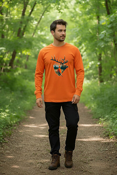 WİDİ Nature Hunting Deer and Hunter Theme Printed Regular Fit Orange Crew Nec...