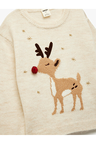 Koton Long Sleeve Crew Neck Deer Embroidered Knit Sweater
