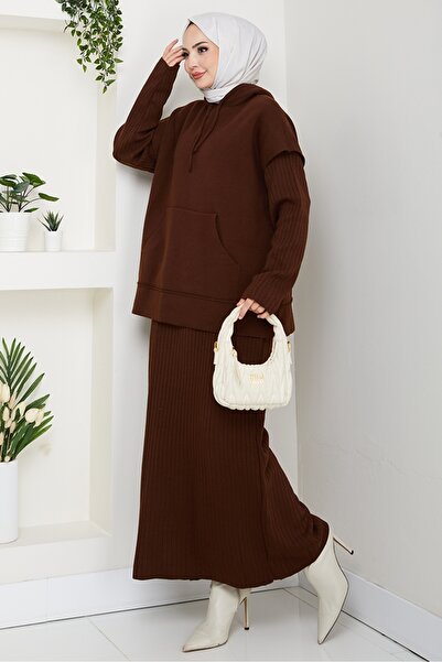 Bestenur Hooded Tunic Dress Knitwear Set 1645 - Brown