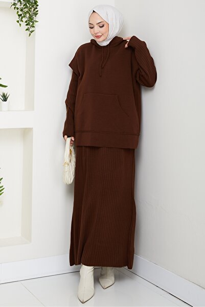 Bestenur Hooded Tunic Dress Knitwear Set 1645 - Brown