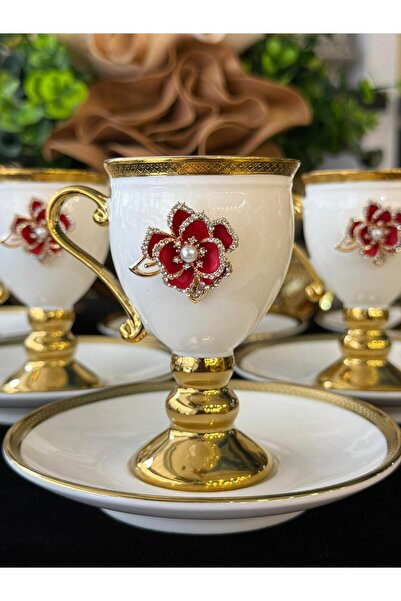 LOKMAN ZÜCCACİYE 6-Piece Stone-Set Red Rose Brooch-Decorated Gilt-Footed Porcelain Coffee Cup Set 90 ml
