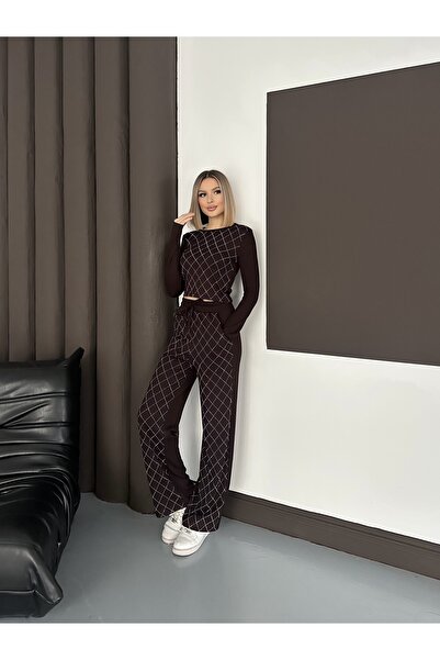 LE CARAMBOLE Women's Brown Stone Printed Diamond Pattern Modal Set