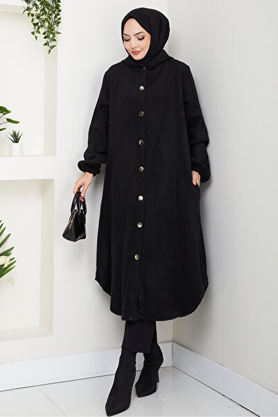 Bestenur Fevza Buttoned Cashmere Cap 1635 - Black