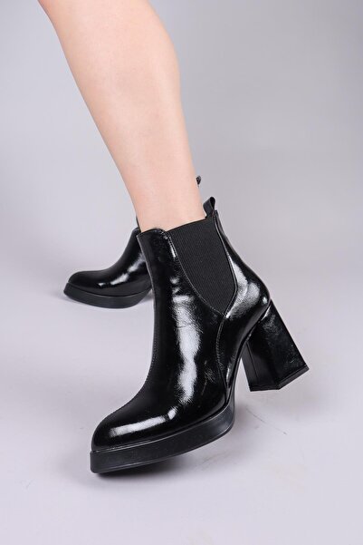 Birikon SARANDI Lastik Detaylı Rugan Platform Topuklu Bot SİYAH