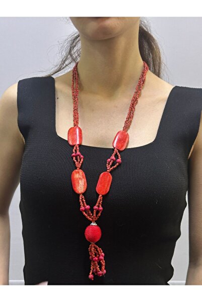 Gönülden Tasarım Red Bamboo Bead Embroidered Women's Necklace 35 cm