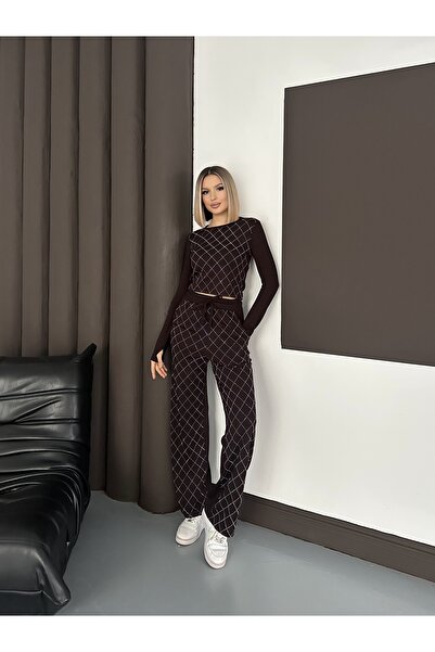 LE CARAMBOLE Жіночий комплект з модалу з коричневим каменем і баклава-візерунком