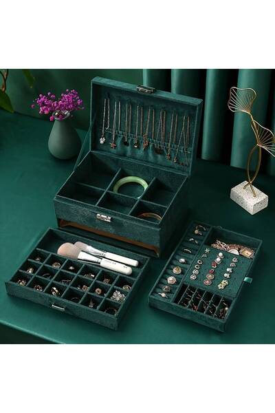 zola Jewelry box, with key for closing, special compartments, 11.5 x 24.5 x 17.5 cm, Green
