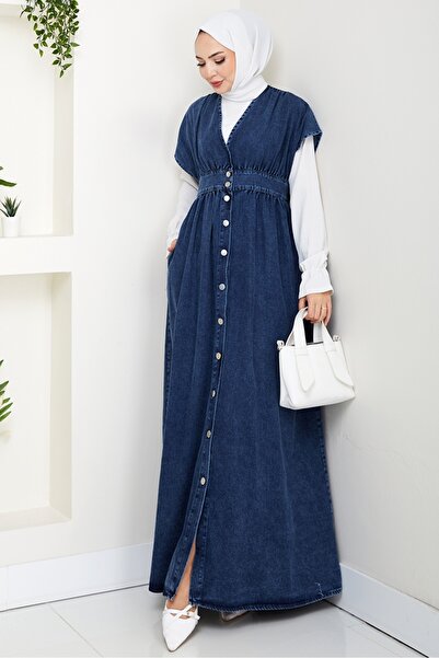 Bestenur V Yaka Düğmeli Kot Jile 1644 - Mavi