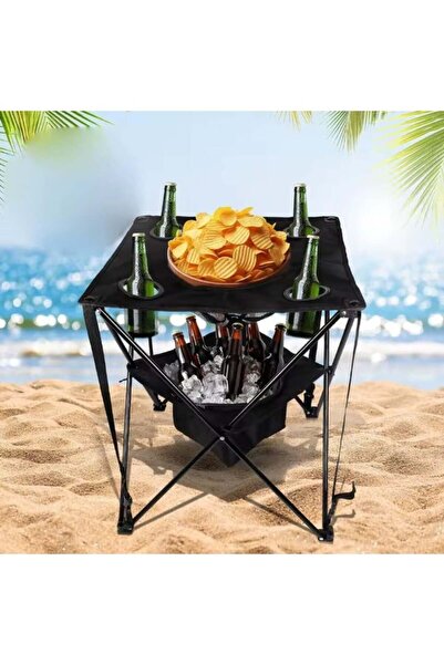 Generic Portable double-layer ice pack camping table with built-in cooler bag, folding, 4 cup holders